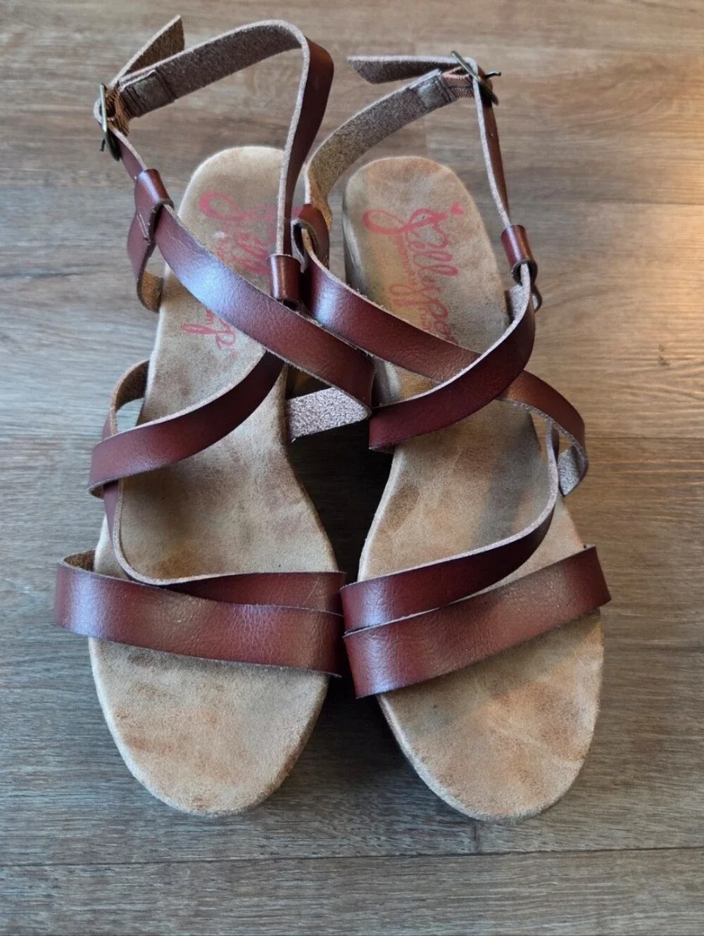 Jellypop Cancan Women's Strappy Brown Leather Wedge Sandals, Size 10